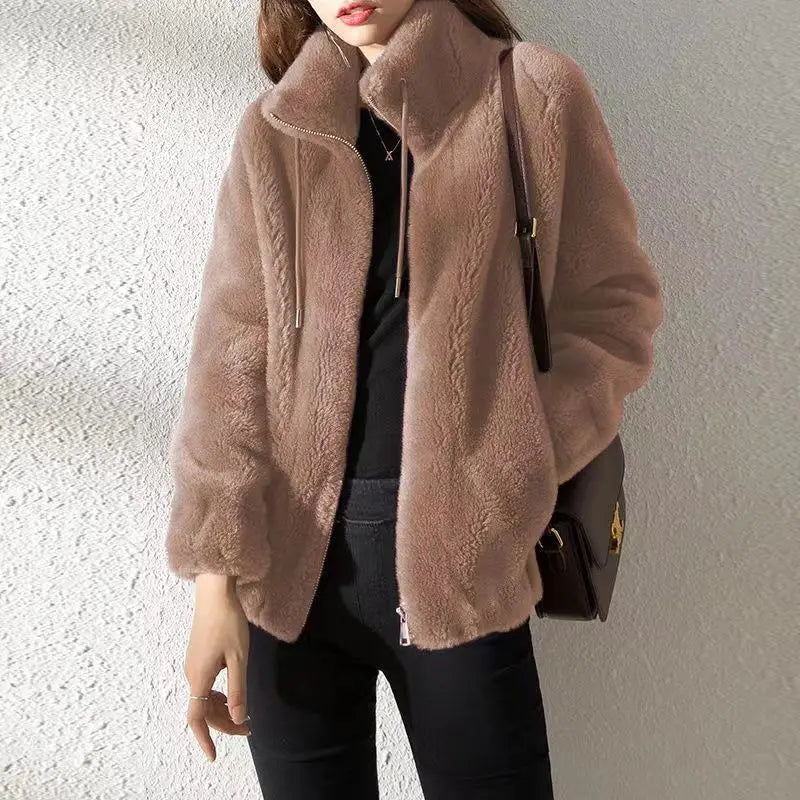 Womens Stand Collar Fur Fleece Jacket