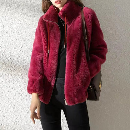 Womens Stand Collar Fur Fleece Jacket