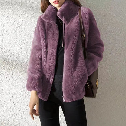 Womens Stand Collar Fur Fleece Jacket