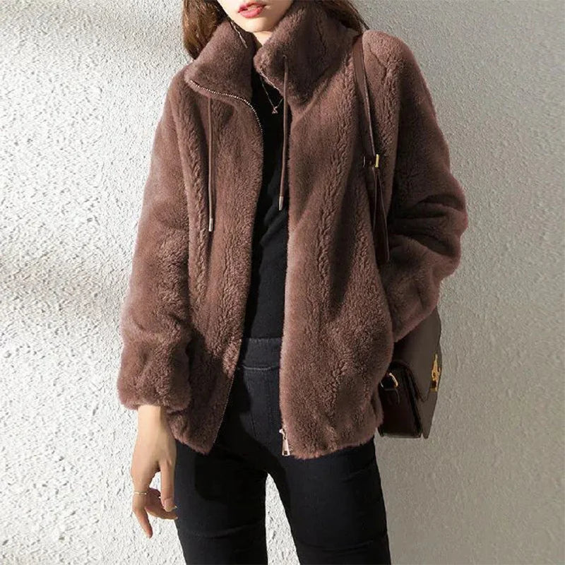 Womens Stand Collar Fur Fleece Jacket