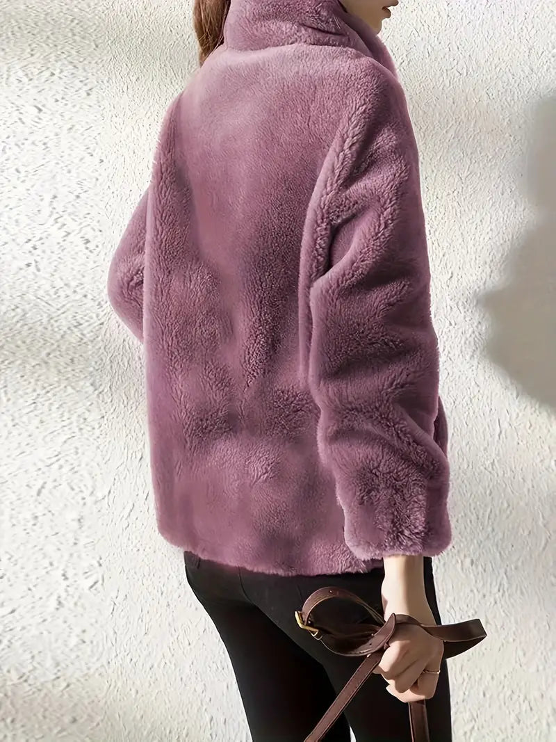 Womens Stand Collar Fur Fleece Jacket