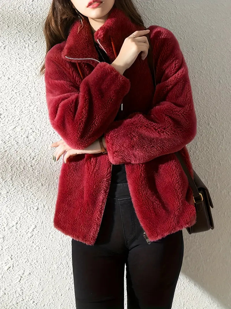 Womens Stand Collar Fur Fleece Jacket